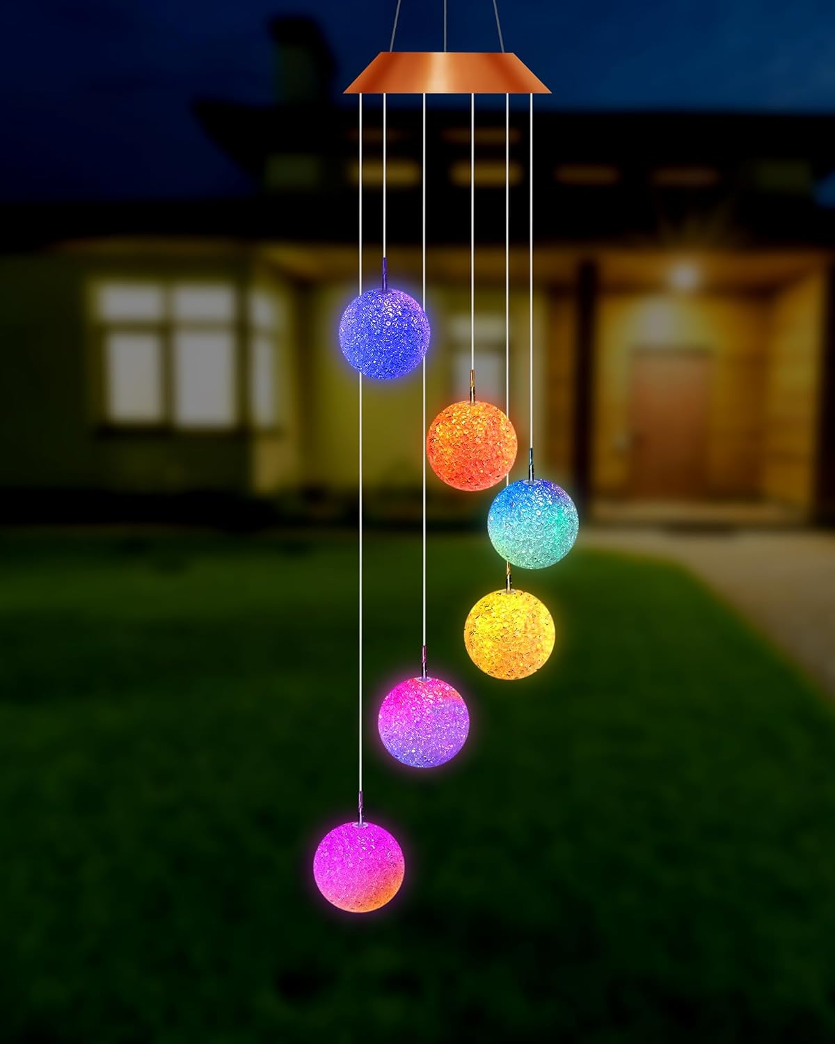 4 carillones de viento solares que cambian de color, bola de cristal LED, campanillas de viento solares portátiles impermeables colgantes luces