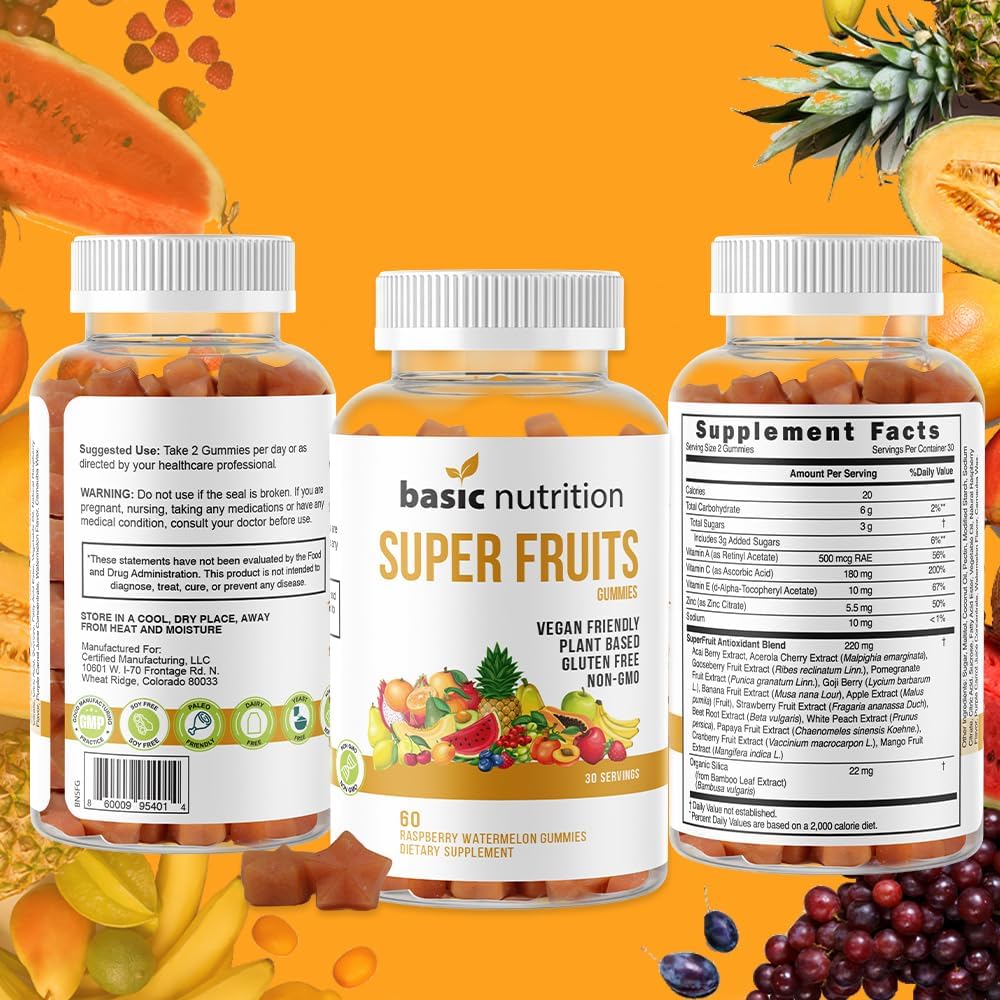 Basic Nutrition SuperFruits + SuperGreens – Paquete de gomitas  Vitaminas y minerales que promueven el colágeno para la belleza, la energía y la