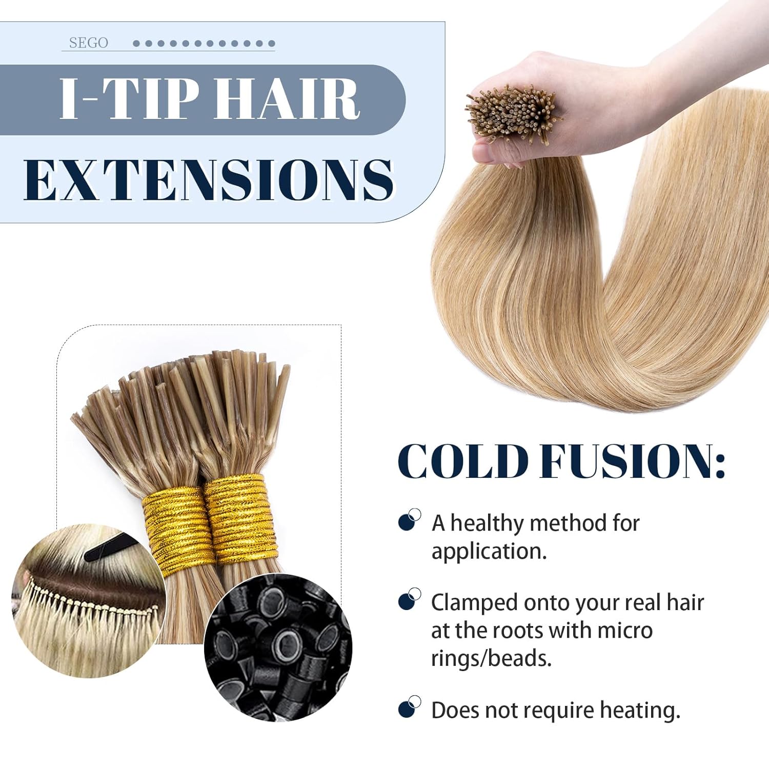 SEGO Barra de queratina preunida con punta I Remy extensión de cabello humano de fusión fría, pieza de cabello para mujeres, liso y lacio, 100
