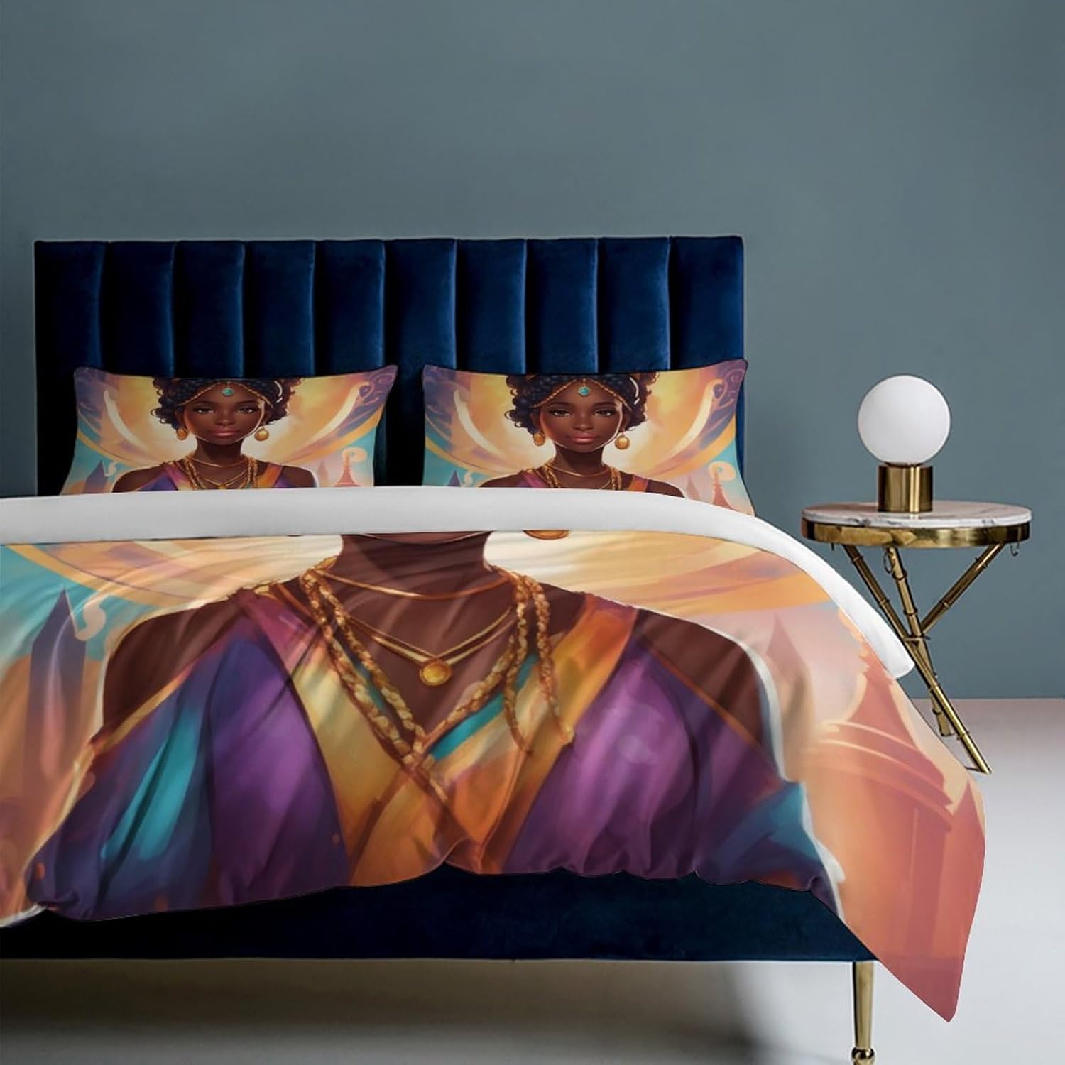Juego de colcha de color negro afro con corona, tamaño Queen, 3 piezas, suave colcha afroamericana para todas las estaciones, 1 funda de edredón y 2