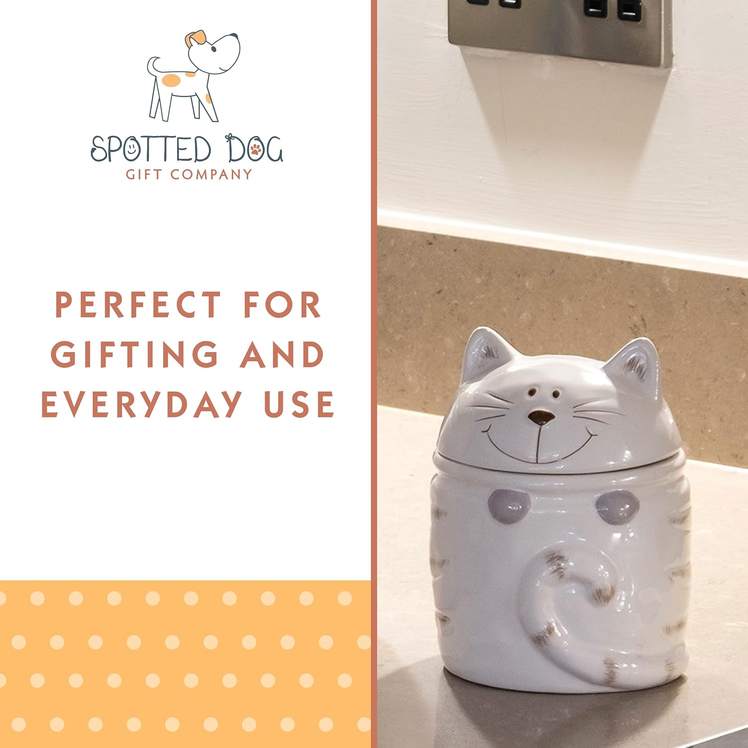 SPOTTED DOG GIFT COMPANY Recipiente de cocina para gatos para encimera, tarro de cerámica para almacenamiento de alimentos con tapa, lindo