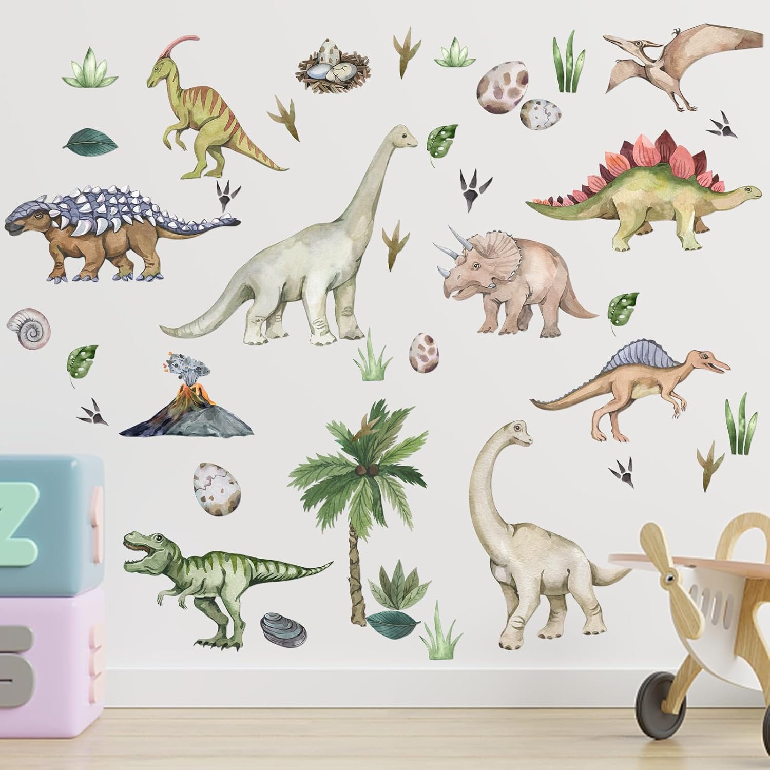 Calcomanías de pared de dinosaurio de acuarela, removibles, grandes, para despegar y pegar, calcomanías de plantas tropicales de cactus decoración