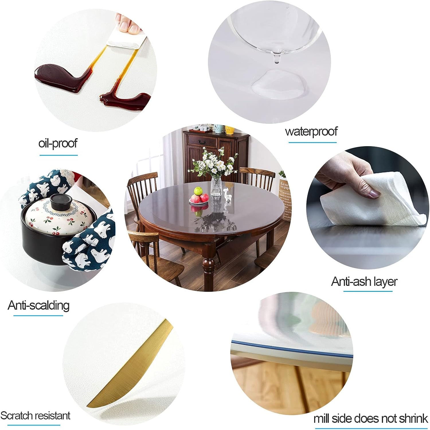 Protector de mesa de comedor de plástico transparente, mantel redondo, tapete de madera para muebles de mesa, cubierta de protección superior,