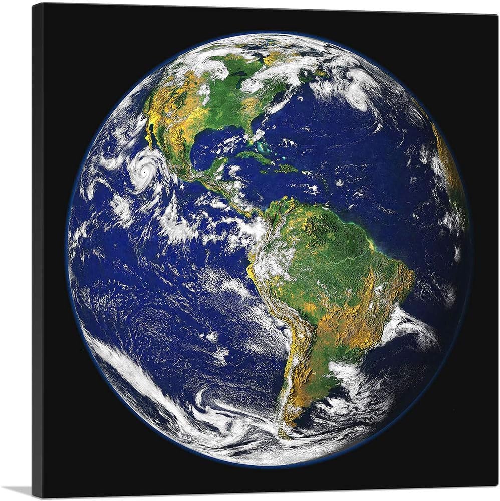 ARTCANVAS Lienzo decorativo con diseño de vista desde el espacio, la Tierra, América del Norte, América del Sur, planeta Tierra, póster enmarcado