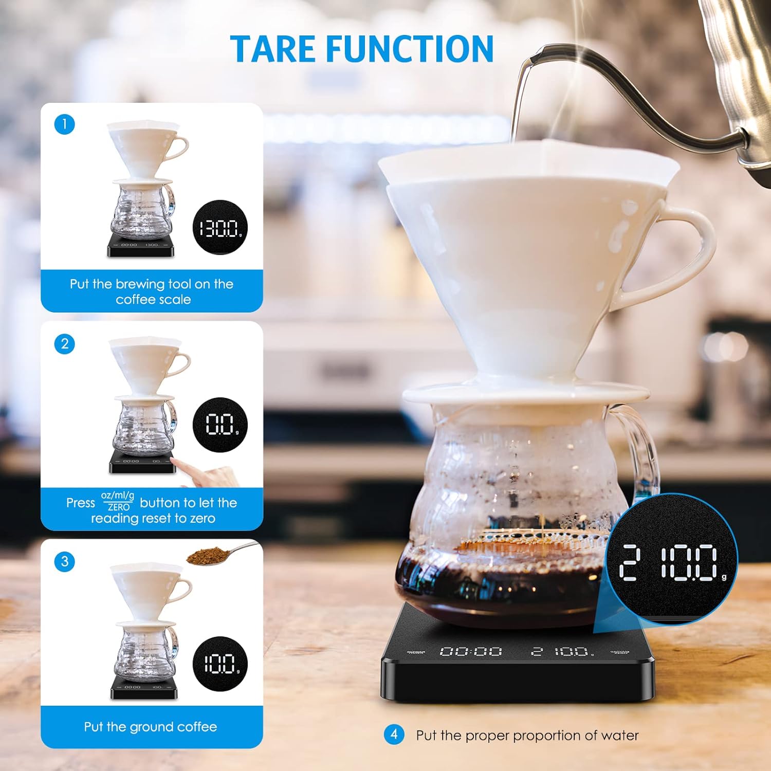 AMIR Báscula digital de cocina con temporizador, escala de goteo de espresso de alta precisión de 6.6 lbs0.00 oz, báscula de café portátil
