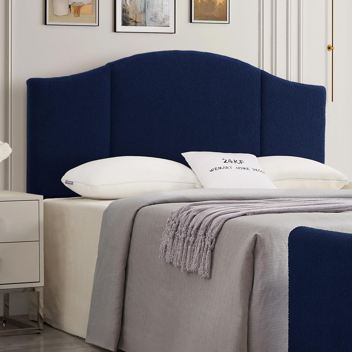 24KF Cabecera plegable tapizada del siglo medio, cabecero moderno en tela de peluche, cabecera KingCalifornia King 6033-Q-azul marino