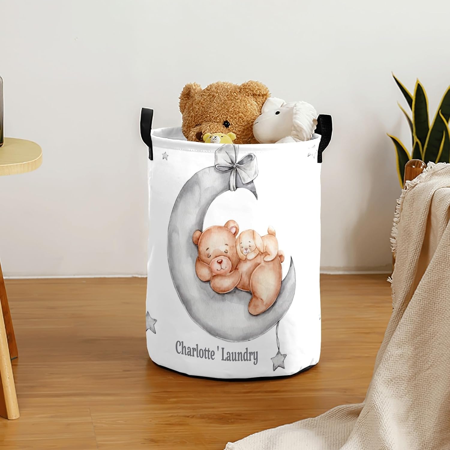 Sleepy – Cesta de ropa con asas personalizada, con diseño de oso de peluche y luna, impermeable, plegable, personalizable, para dormitorio, baño,