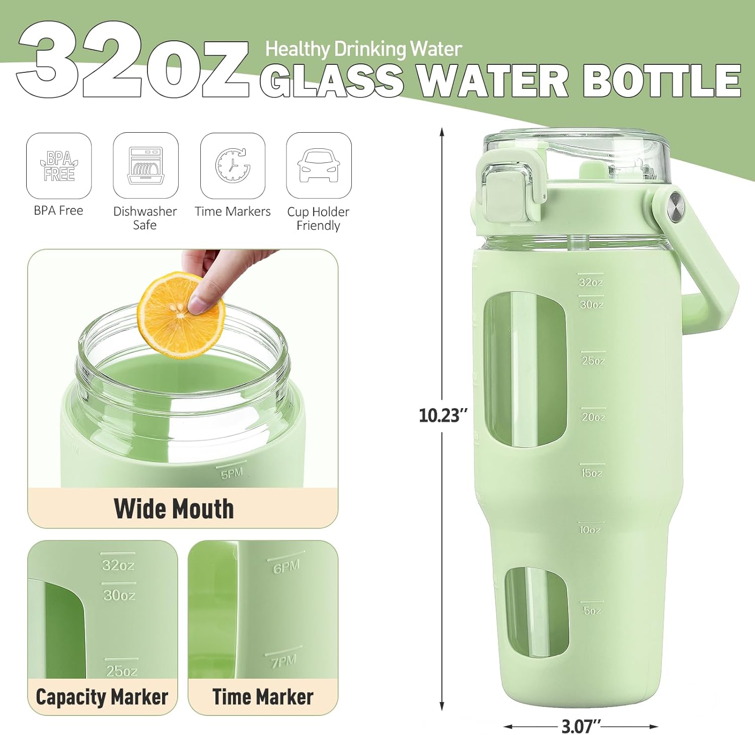 BLUEGO Botella de agua de vidrio de 32 onzas con popote y tapa, botella de agua potable de vidrio con asa, taza de café helado con marcador de