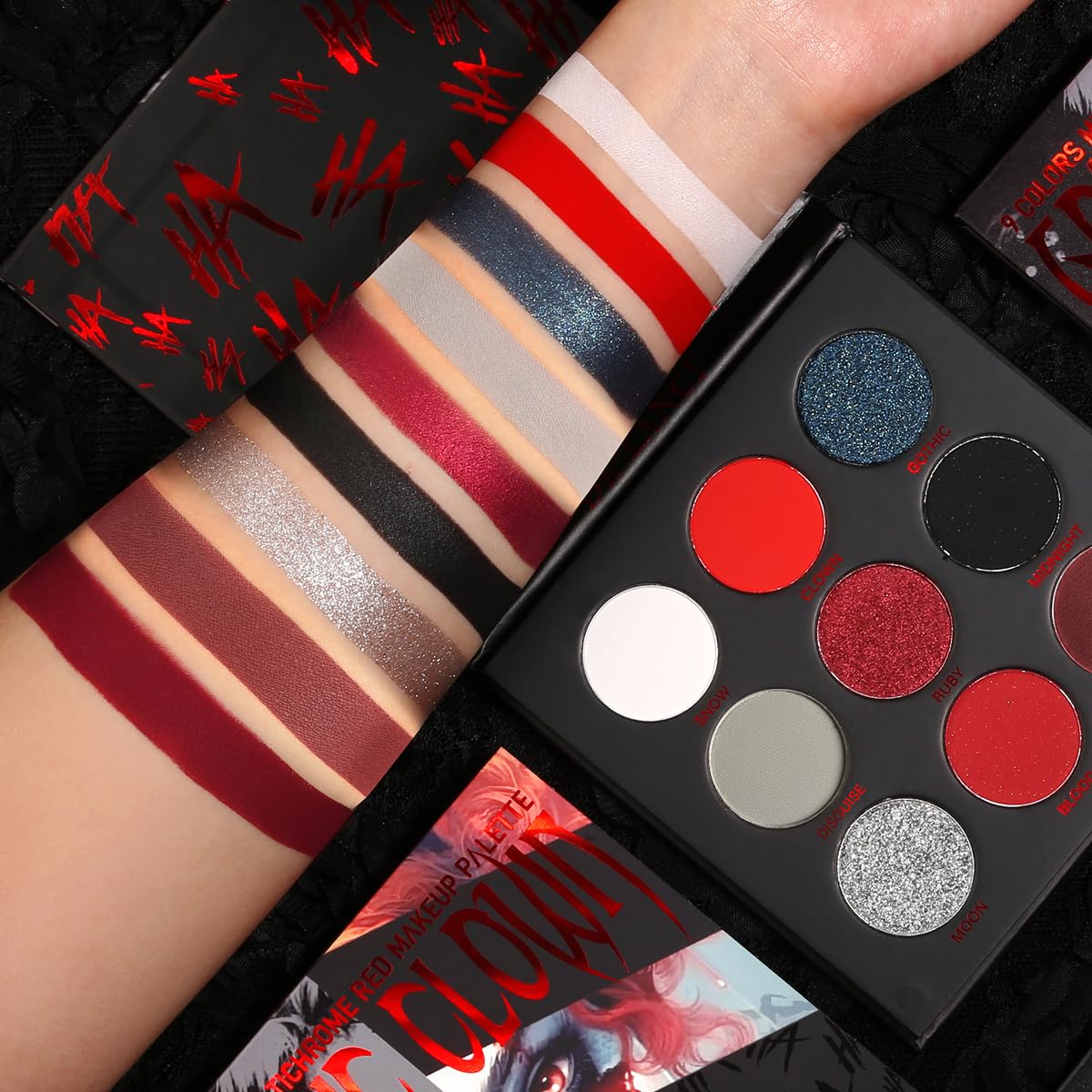 Afflano Paleta de sombras de ojos negra y roja, maquillaje de payaso gótico de Halloween, paleta de sombra de ojos blanca plateada con purpurina