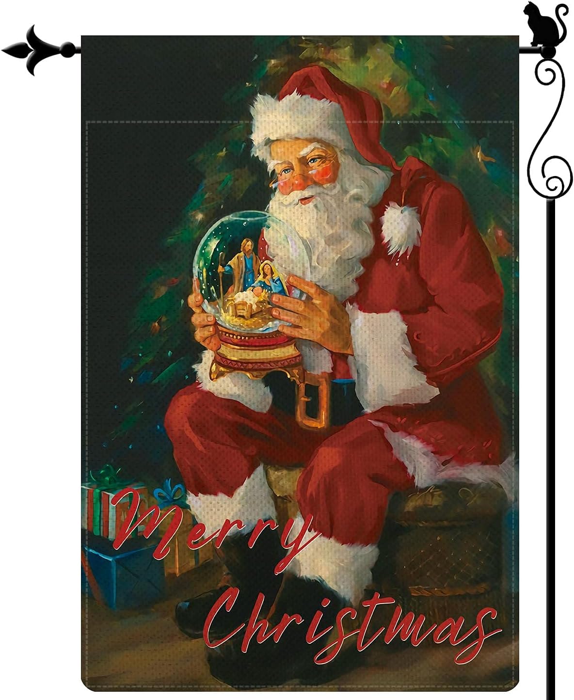 Bandera de jardín de Navidad con bola de cristal de Papá Noel, bandera vertical de doble cara rústica de arpillera para patio, césped, decoración al