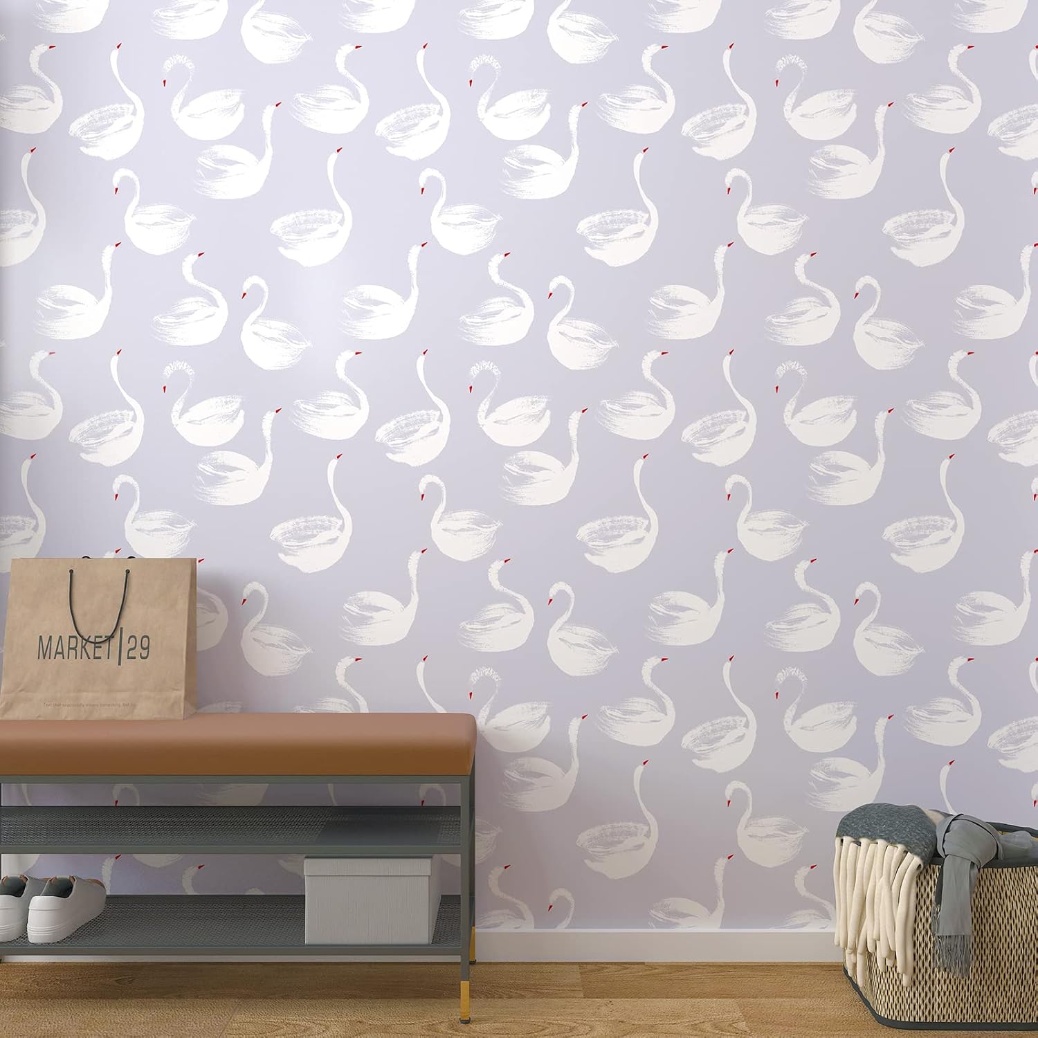 Papel tapiz de vinilo autoadhesivo con diseño de cisne blanco, diseño de cisnes de animales Art Deco, color gris, rojo y blanco, removible para