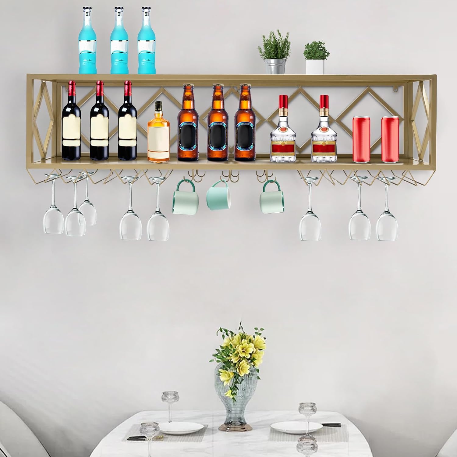 DUTTIETY Estante de vino rectangular montado en la pared del hierro dorado, Estante de vino montado en la pared industrial, Soportes montados en la
