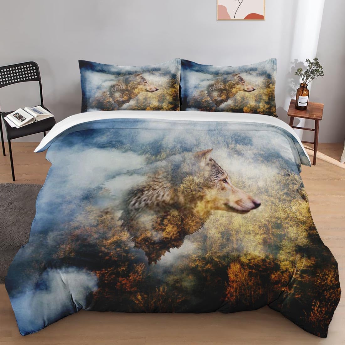 Juego de funda de edredón, juego de ropa de cama dorado con diseño de lobo y animales de otoño para niños y adultos, decoración de dormitorio de