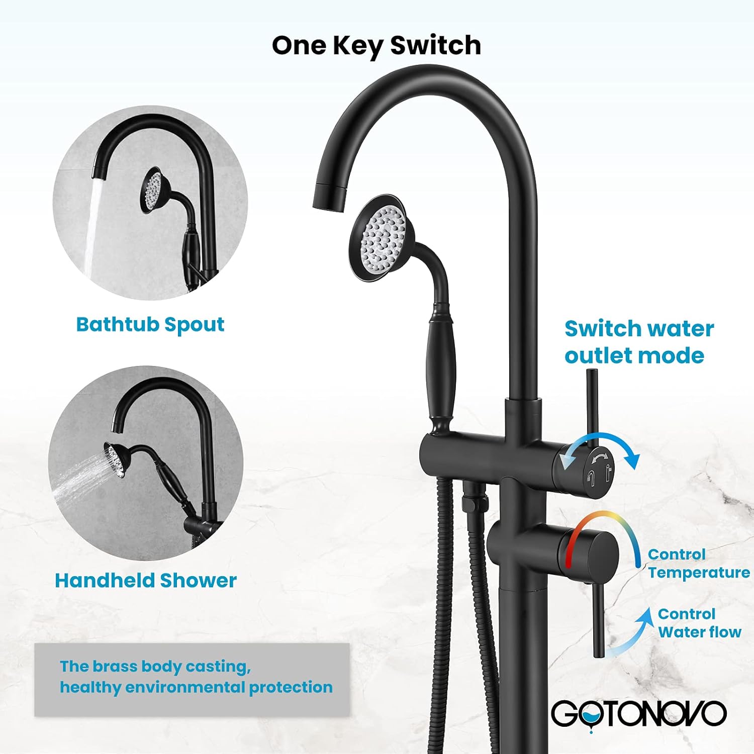 gotonovo Llenador de bañera independiente negro mate con ducha de mano de cerámica para montaje en el suelo, grifo de bañera de latón de alto flujo