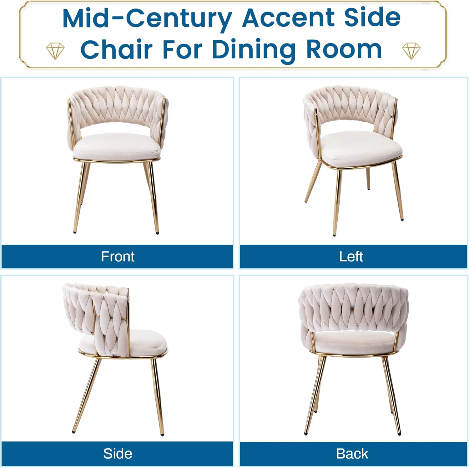KCC Juego de 2 sillas de comedor modernas de terciopelo, sillas tapizadas para sala de estar con respaldo tejido y patas de metal dorado, silla