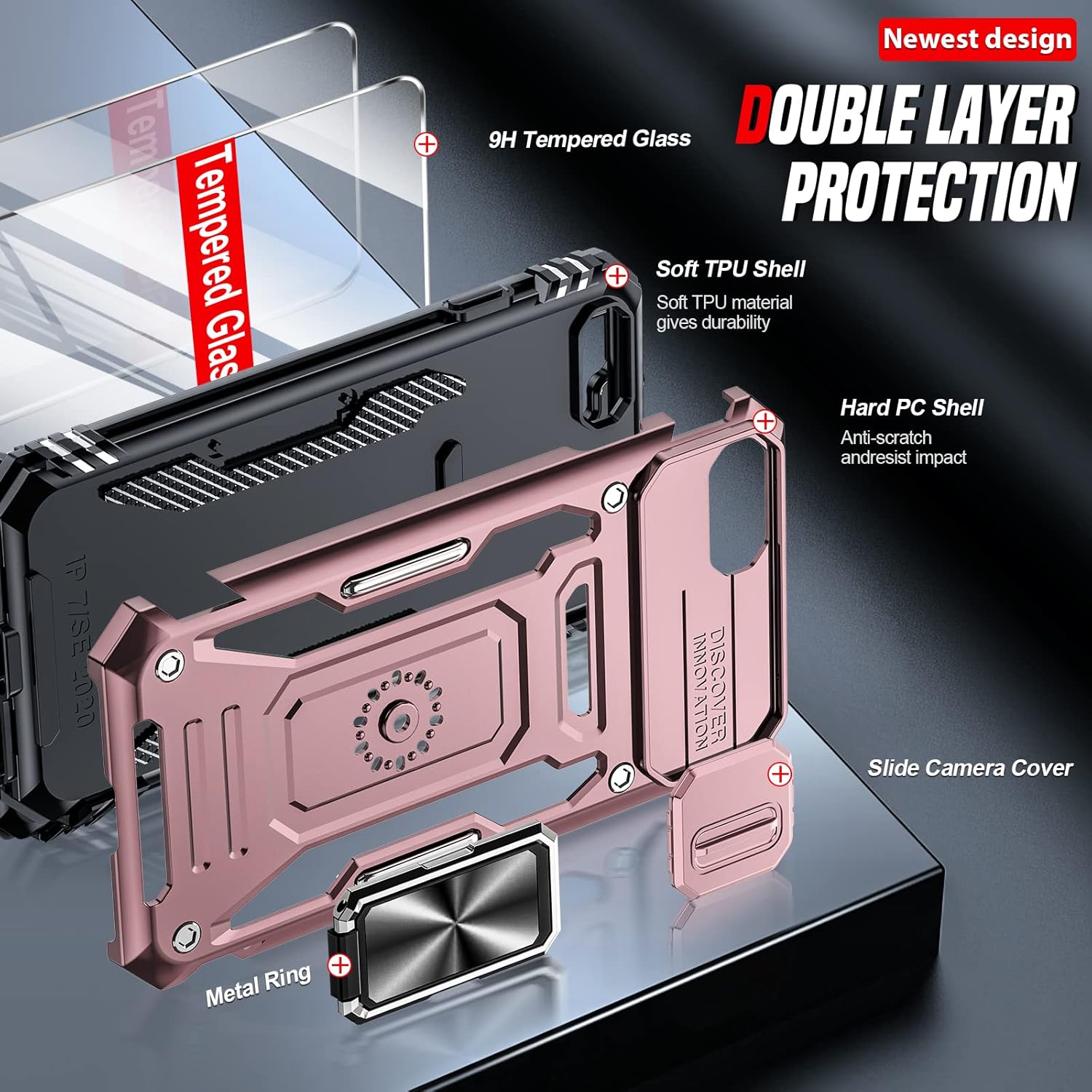 LeYi Funda para iPhone SE 32 generación iPhone 78SE 2022 2020 con cubierta deslizante para cámara + 2 protectores de pantalla de vidrio templado,