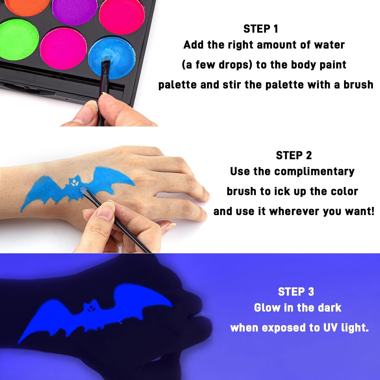 Pintura que brilla en la oscuridad que brilla con luz negra UV, pintura facial para Halloween, accesorios de neón, pintura facial que brilla en la