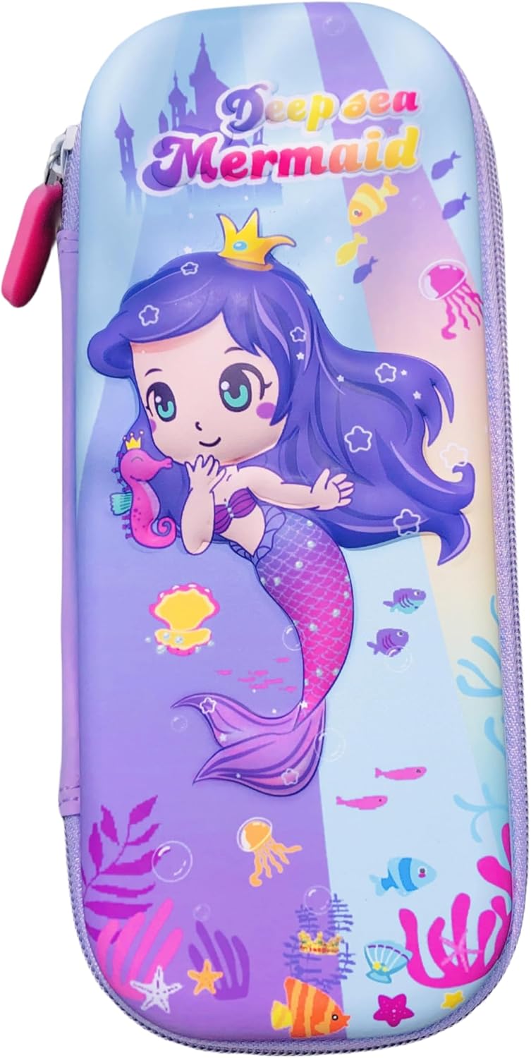 Estuche para lápices 3D para niños, resistente al agua, con compartimentos, estuche para bolígrafos (sirena de pelo morado)