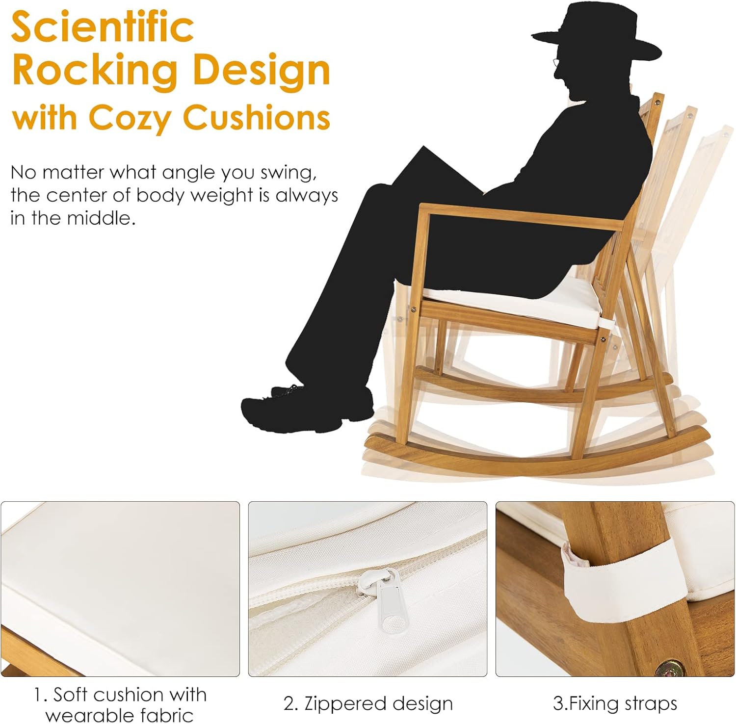 RELAX4LIFE Mecedora de madera para exteriores  Mecedora de patio de gran tamaño con respaldo alto, reposabrazos largo, cojín suave extraíble,
