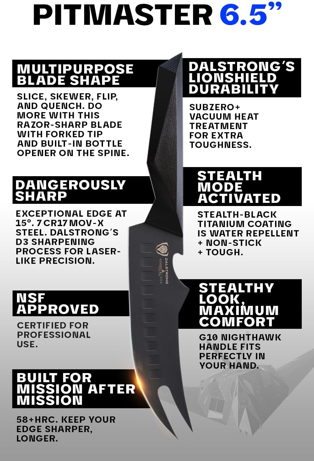 Dalstrong BBQ Pitmaster – Cuchillo para carne, 6.5 pulgadas, serie Shadow Black, recubierto de nitruro de titanio negro, cuchillo de cocina de alto
