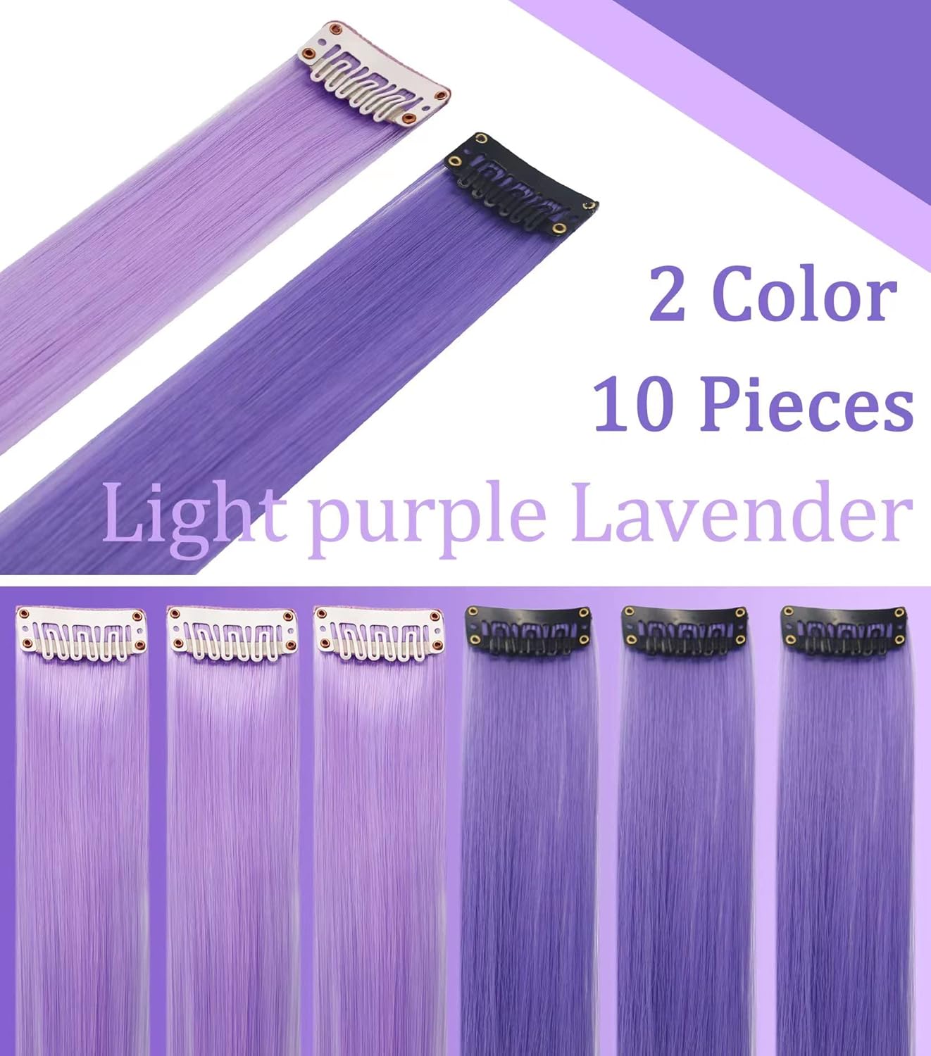 10 extensiones de cabello de color lavanda y morado claro de 21 pulgadas para niñas, extensiones de cabello de color con clip para mujer,