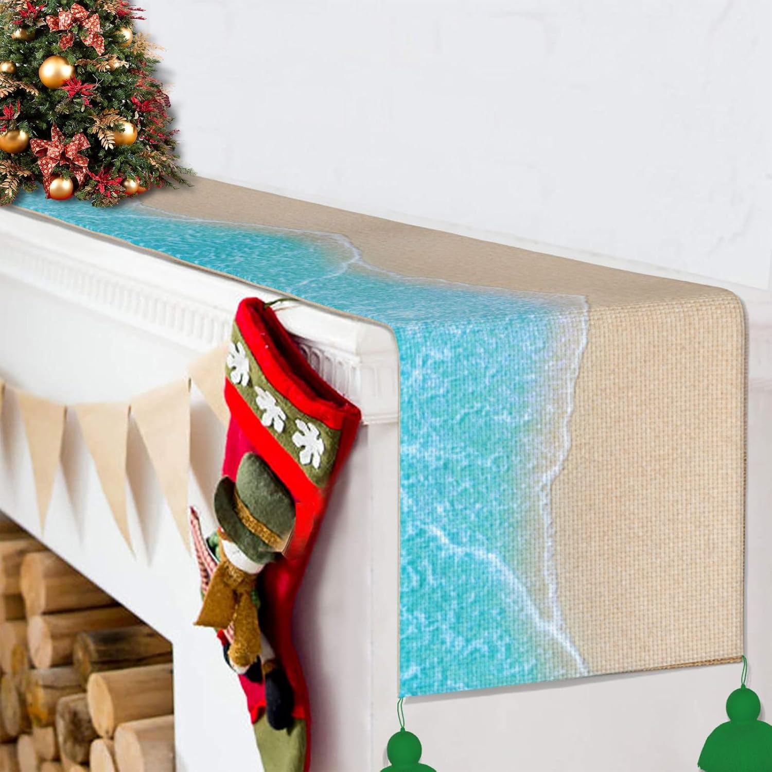 Camino de mesa de Navidad azul para la playa, decoración de mesa de comedor, decoración de Navidad, decoración de interiores del hogar, caminos de