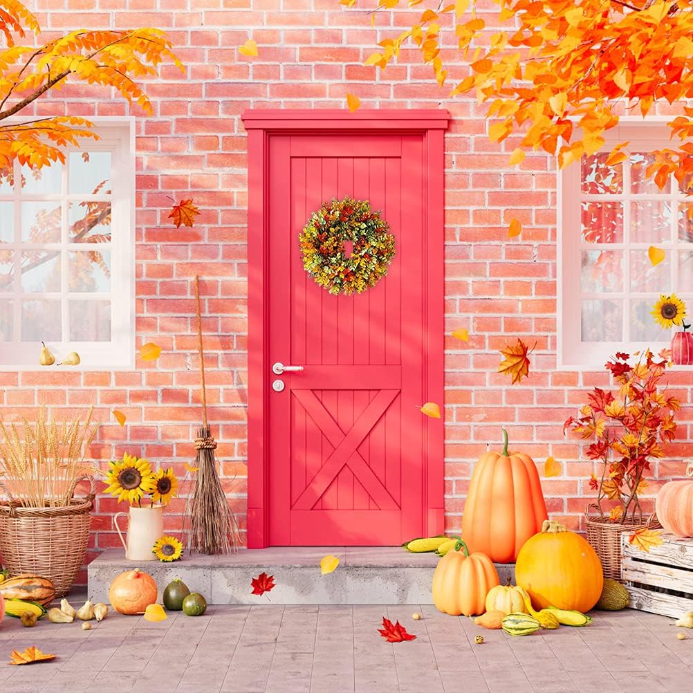 Corona de otoño de simulación de corona de otoño, guirnalda colorida de eucalipto de otoño para puerta delantera, decoración de Acción de Gracias (1)