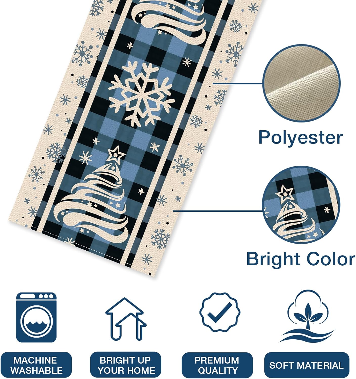 Seliem Camino de mesa de árbol de Navidad con copos de nieve de invierno, decoración de mesa de comedor de búfalo azul de Navidad, decoración de