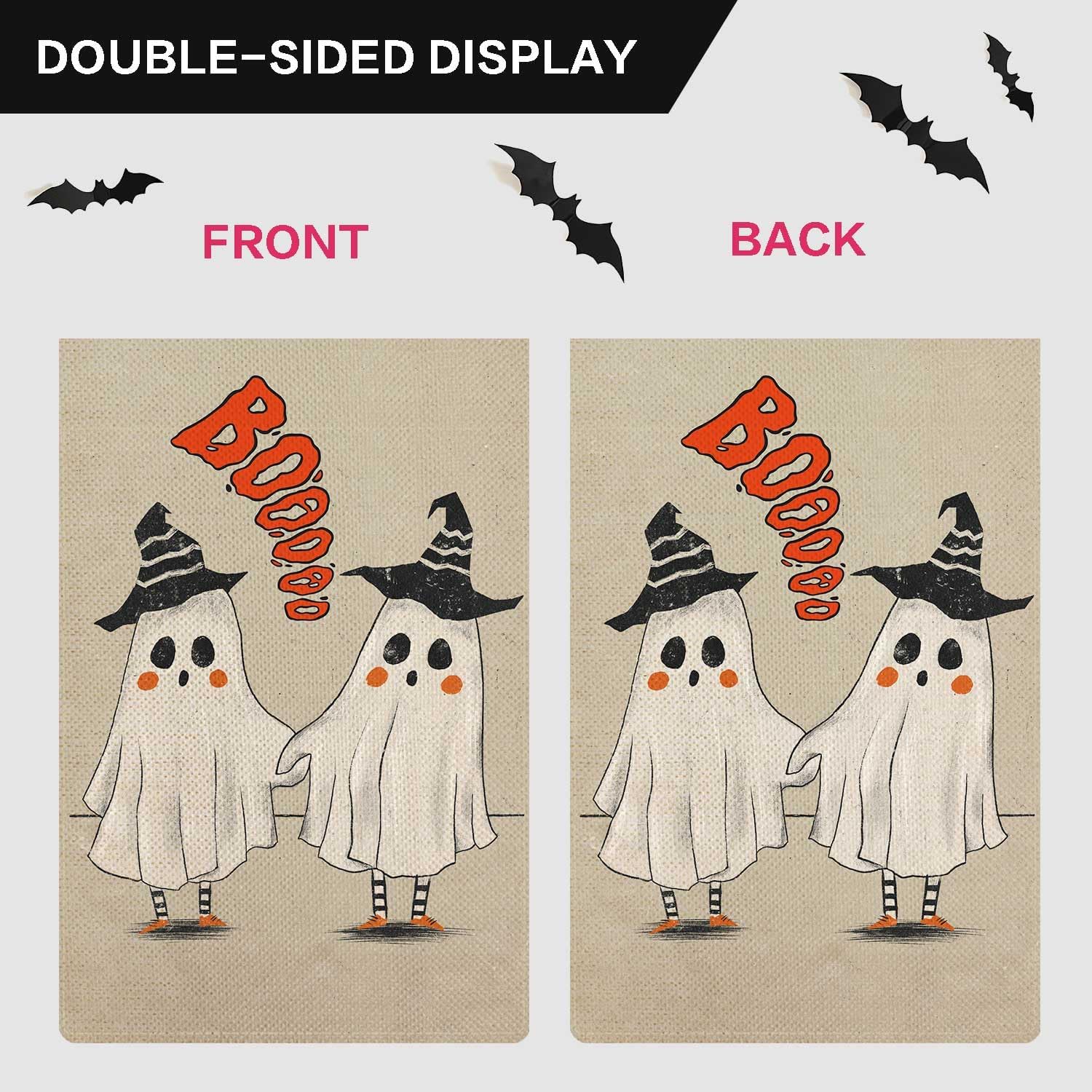Jauageon Bandera de jardín de fantasmas de Halloween, espeluznante Samll, bandera de jardín, fantasma aterrador, vertical, de doble cara, rústica,