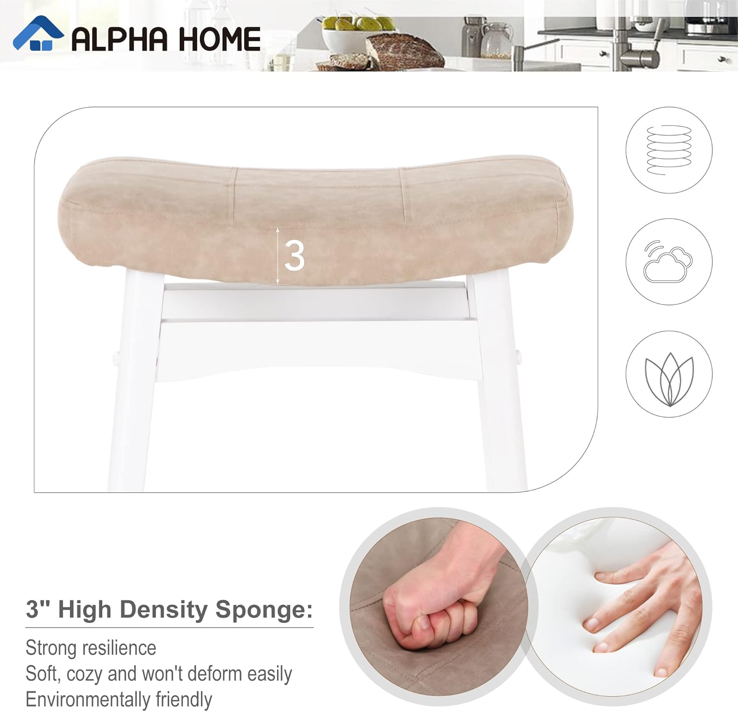 ALPHA HOME Juego de 4 taburetes de bar, taburetes de cocina de madera maciza con cojín de piel sintética beige, taburetes de bar con base de madera