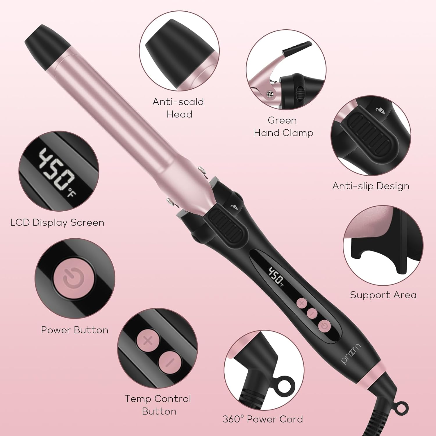 Prizm Juego de rizadores con abrazadera, 5 varillas rizadoras intercambiables, varita para el cabello 11 LCD de temperatura ajustable, 0.6 a 1.25