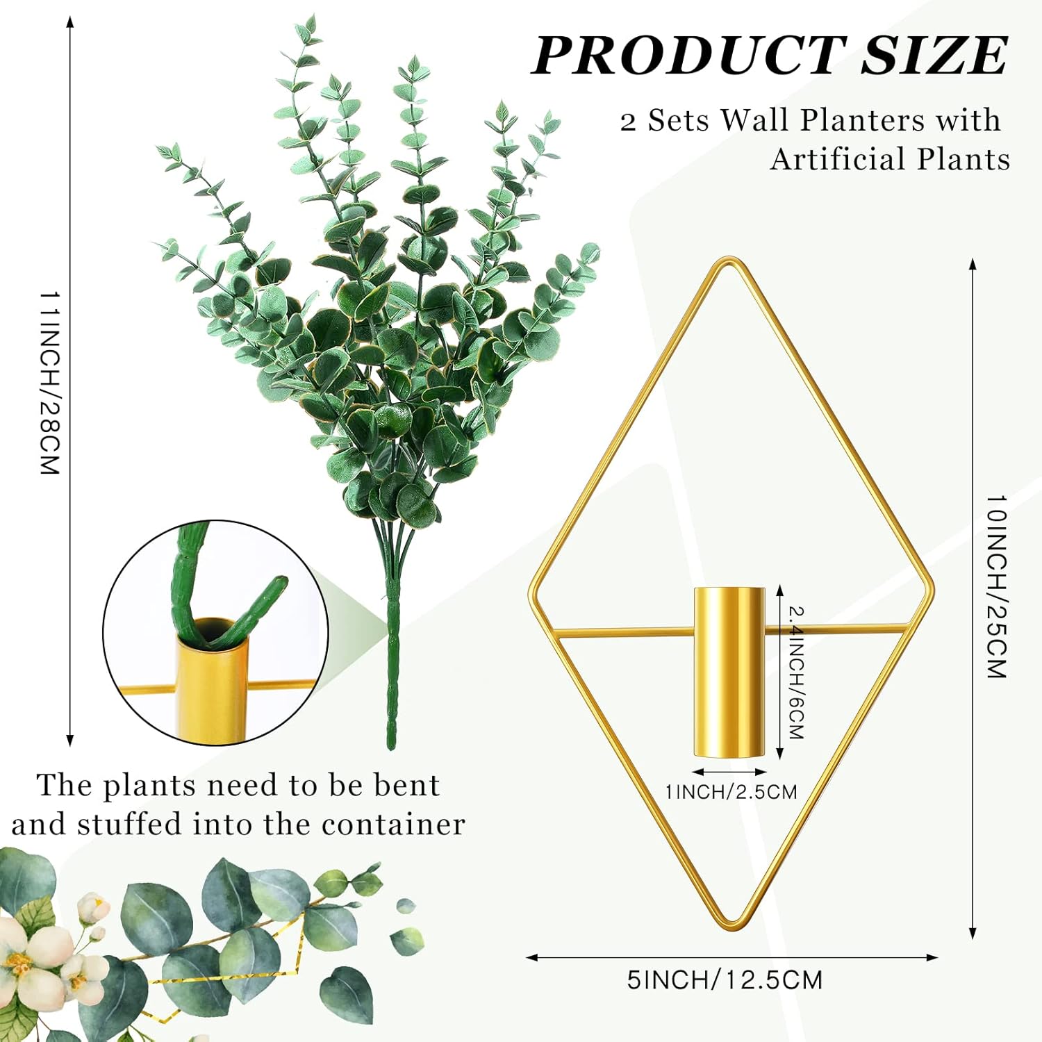 2 macetas colgantes en forma de diamante con plantas acuáticas artificiales, jarrón de metal, soporte para interiores, decoración de pared