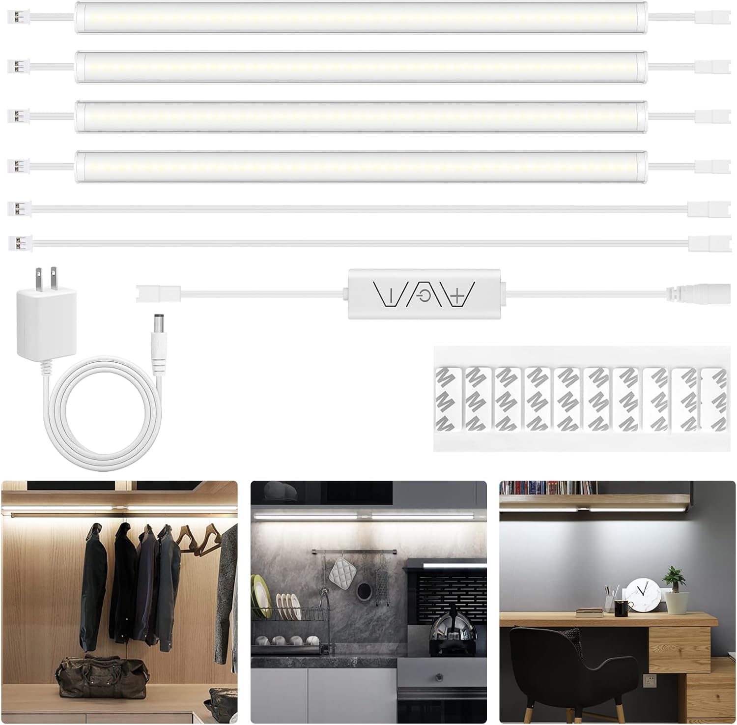 Luces para debajo del gabinete enchufables, 4 piezas ultra finas de 12 pulgadas, 144 luces LED regulables debajo de la encimera con función de