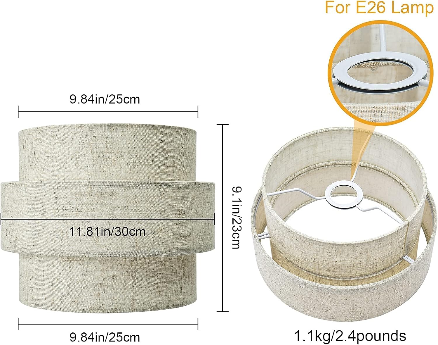 Pantallas de lámpara para lámparas de pie, lámpara de repuesto de lámpara colgante de iluminación, pantalla de tela de tambor de 3 niveles con lino