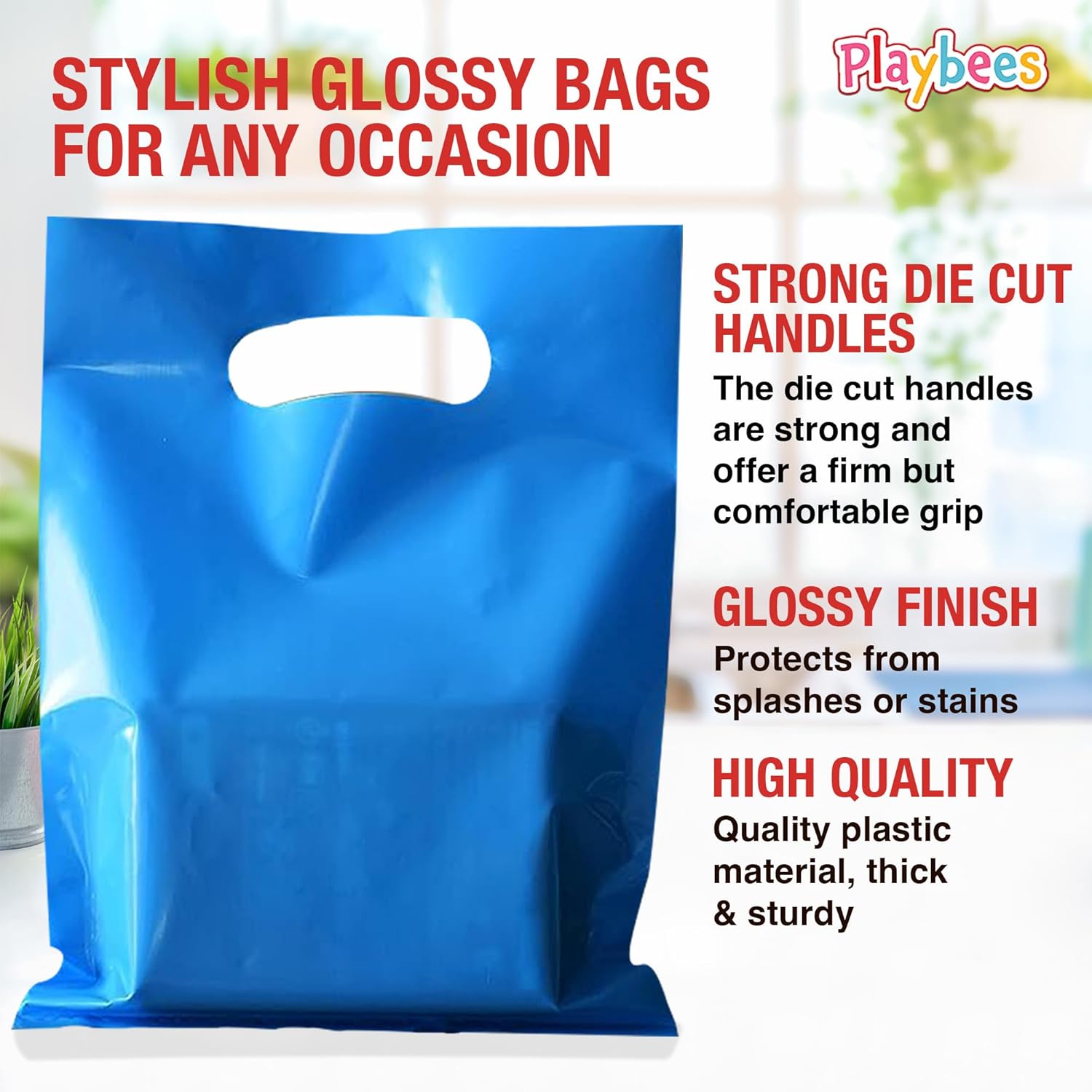 Playbees Bolsas de plástico pequeñas de colores brillantes con asas troqueladas en varios colores, paquete de 50 bolsas de comestibles de 8.75 x 12