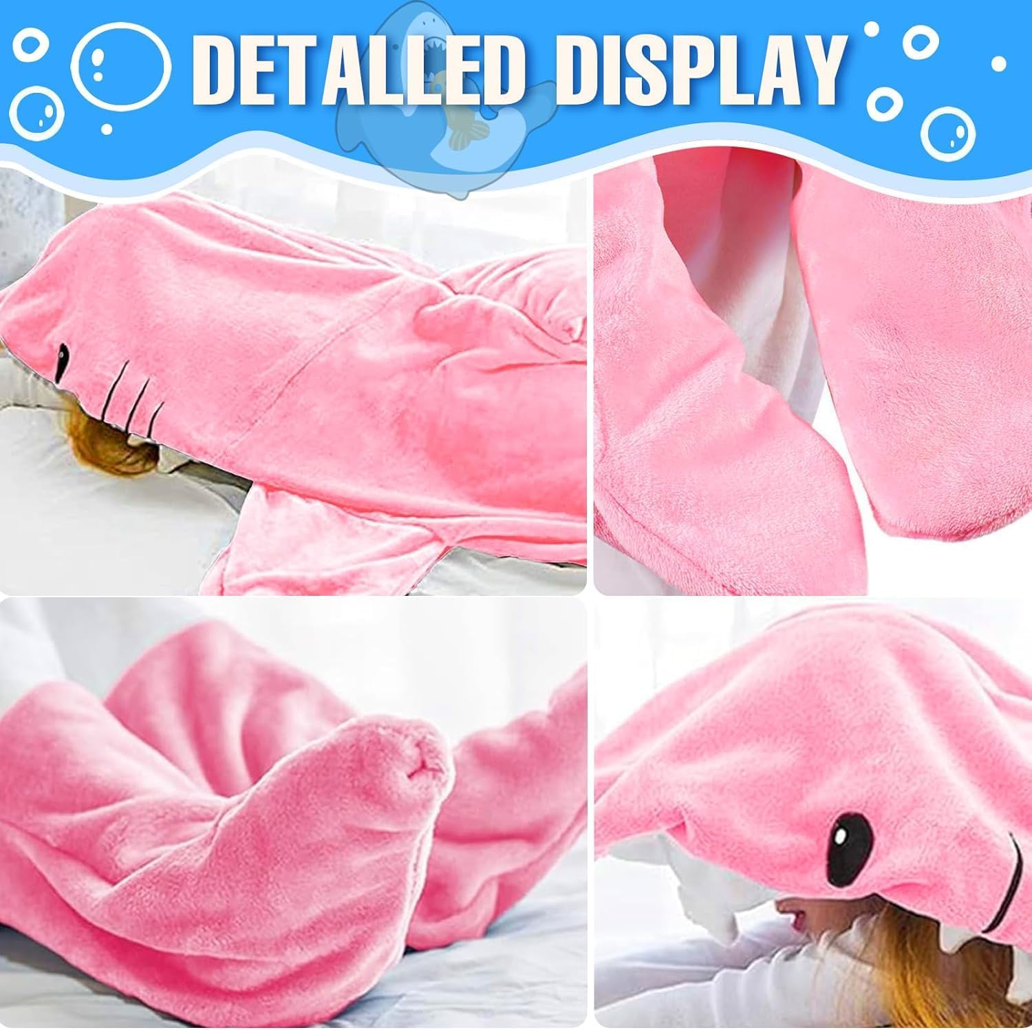 Manta de tiburón con capucha para adulto, cómoda manta de tiburón con capucha súper suave, saco de dormir de tiburón para adultos y niños (rosa,