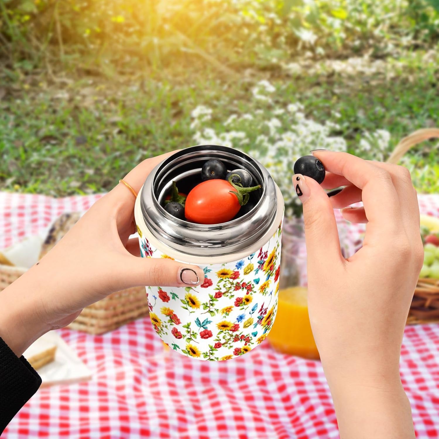 Tarro de alimentos con cuchara de girasoles de acero inoxidable aislado al vacío, contenedor de alimentos de 17 onzas para almuerzo