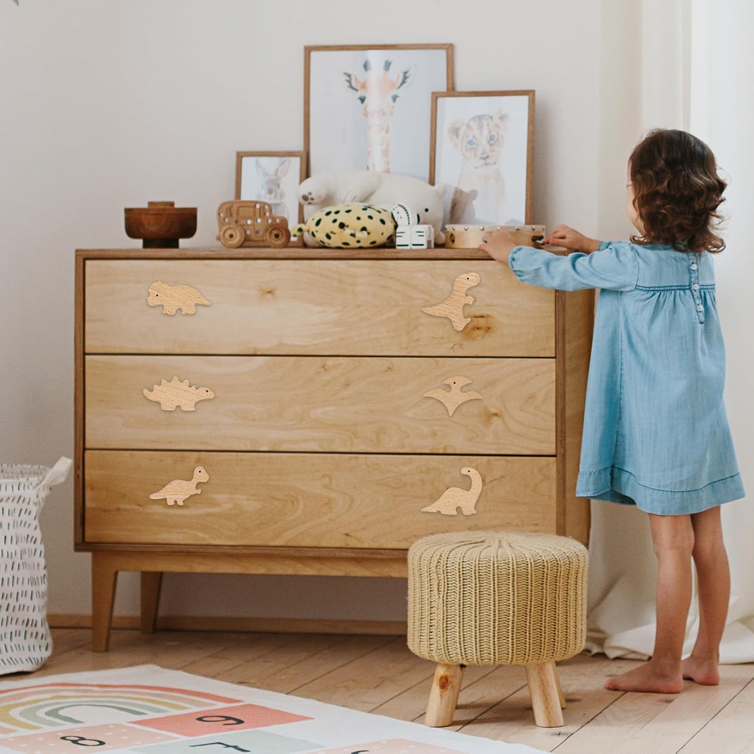 Whaline 6 pomos de madera de dinosaurio con tornillos decorativos con temática de dinosaurio, pomos de muebles de animales de madera natural para