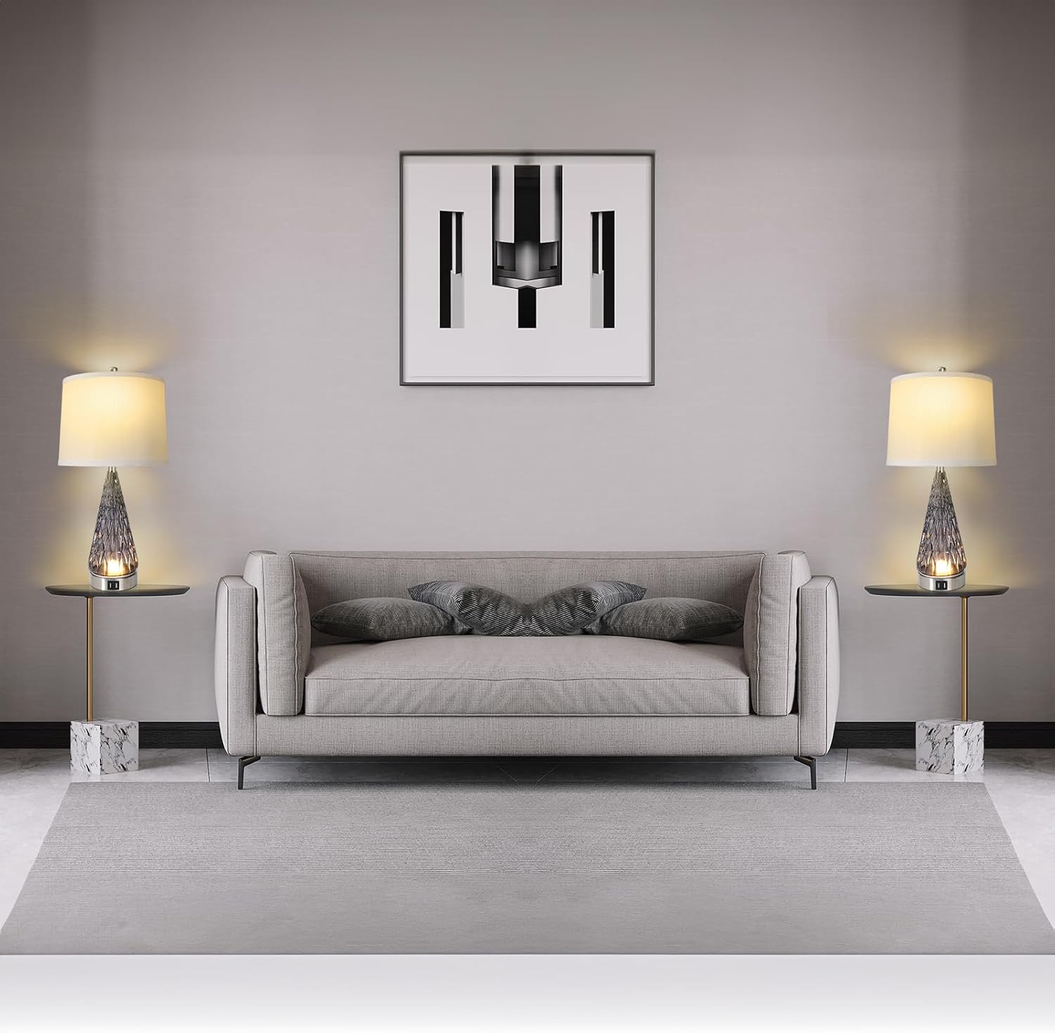 Juego de 2 lámparas de mesa para sala de estar, lámpara de noche de cristal moderna con puertos USB, lámparas de mesita de noche regulables de 4