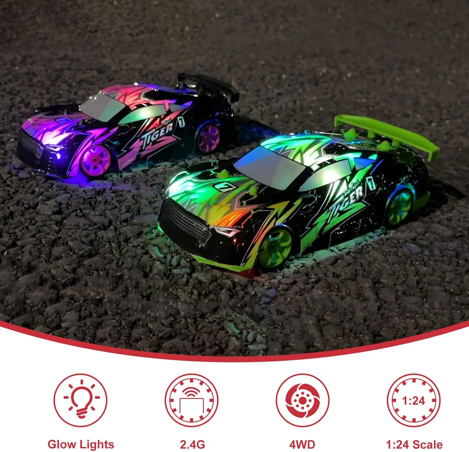 FLYNOVA Auto de deriva a control remoto, vehículo de control remoto de 2.4 GHz con luces LED intermitentes, diversión de carreras de alta velocidad