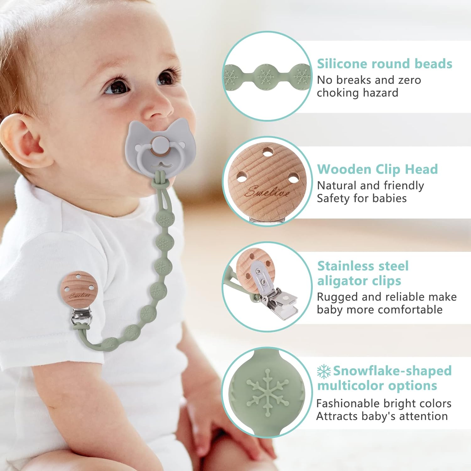 Clips para chupetes para bebés, niños y niñas, paquete de 2 clips para chupete, clips de una pieza, diseño de clips de madera, clip de chupete para