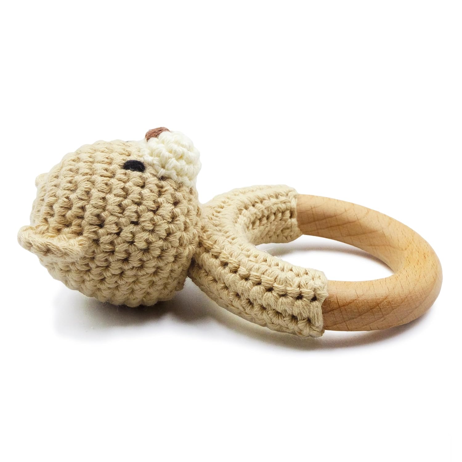 Animales de safari de madera para bebé, sonajero de ganchillo relleno con anillo de mordedor para recién nacido, oso beige