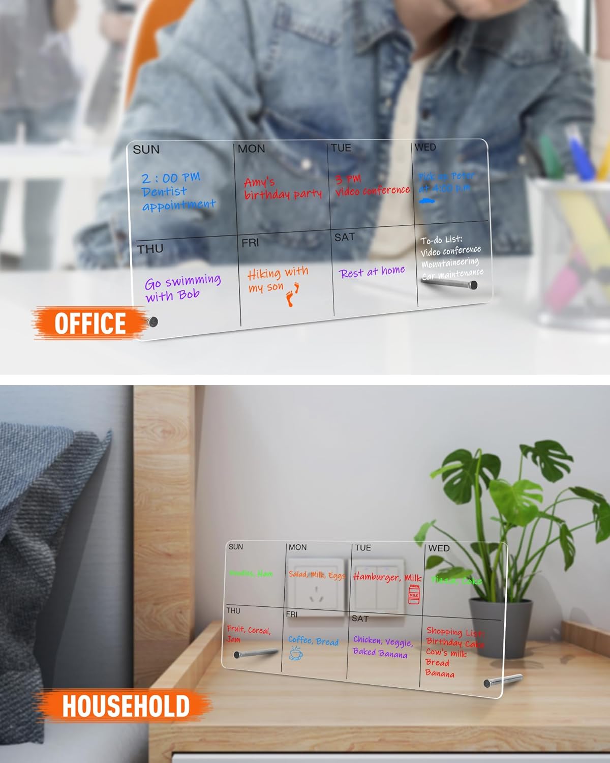 Planificador semanal de escritorio acrílico, pizarra blanca transparente de 12 x 6 pulgadas con soporte de metal, calendario de lista de tareas