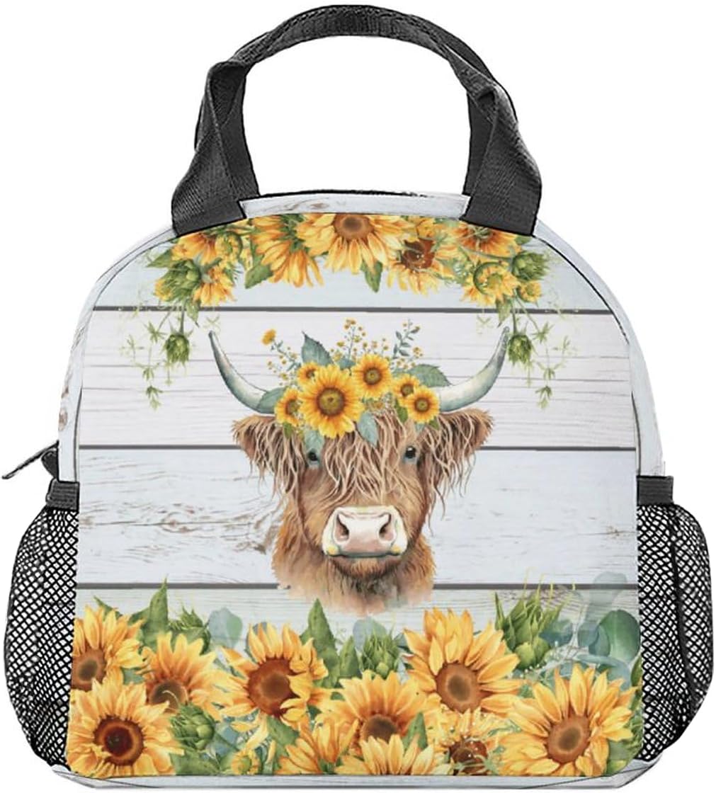 Highland – Lonchera de vaca para mujeres y niñas, pequeñas bolsas de almuerzo aisladas, bonita lonchera reutilizable para adolescentes y niños,