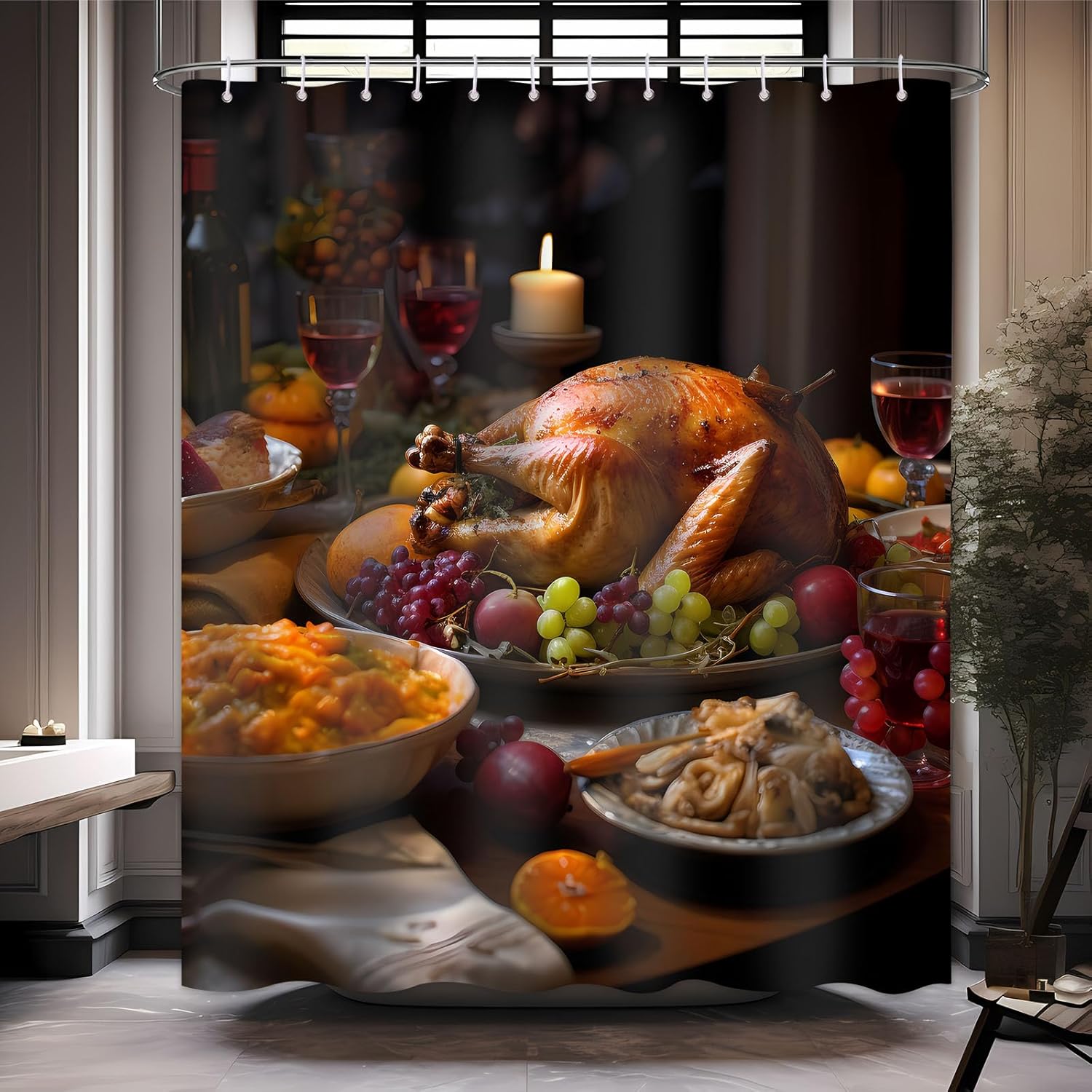 Cortina de ducha con texto en inglés “Merry Christmas” para baño, mesa de comedor, juego de cortinas de ducha de Navidad de pavo, impermeable, de