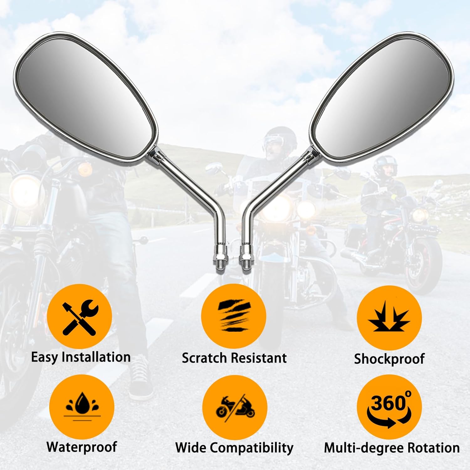 DREAMIZER Espejo de motocicleta cromado de 0.394 pulgadas (0.394 in), espejos laterales universales compatibles con Street Bike Scooter Cruiser