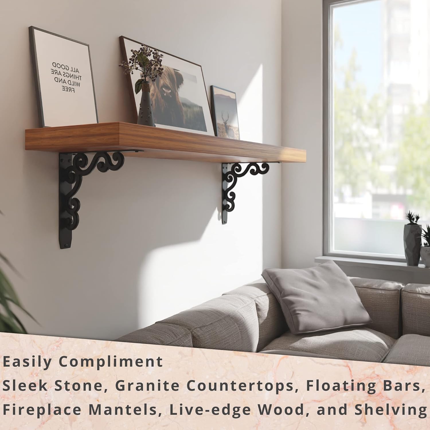 Starby Soportes de estante negros resistentes  Soporte de pared de hierro para encimera, chimenea de chimenea, estantes, hierro forjado negro  acero