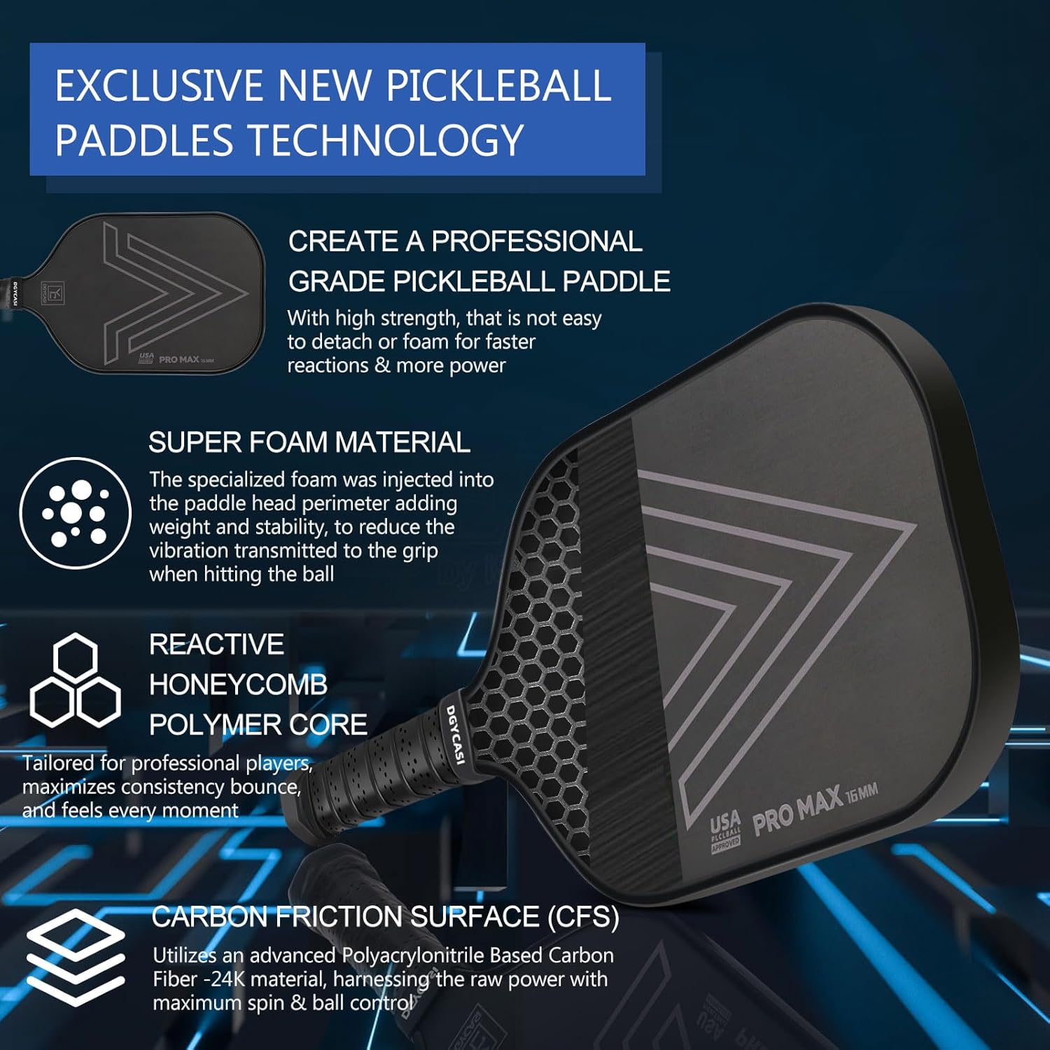 YC DGYCASI 16mm Pickleball Paddles Professional, 2024 USAPA Approved T700 Carbon Fiber Surface Pickle Paddle(CFS), Polypropylene Lightweight