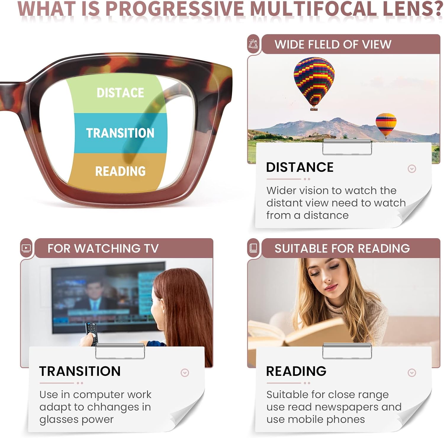 miyya Paquete de 3 lectores multifocales progresivos + paquete de 3 lentes de lectura para mujer, bloqueo de luz azul, cuadrados de gran tamaño con