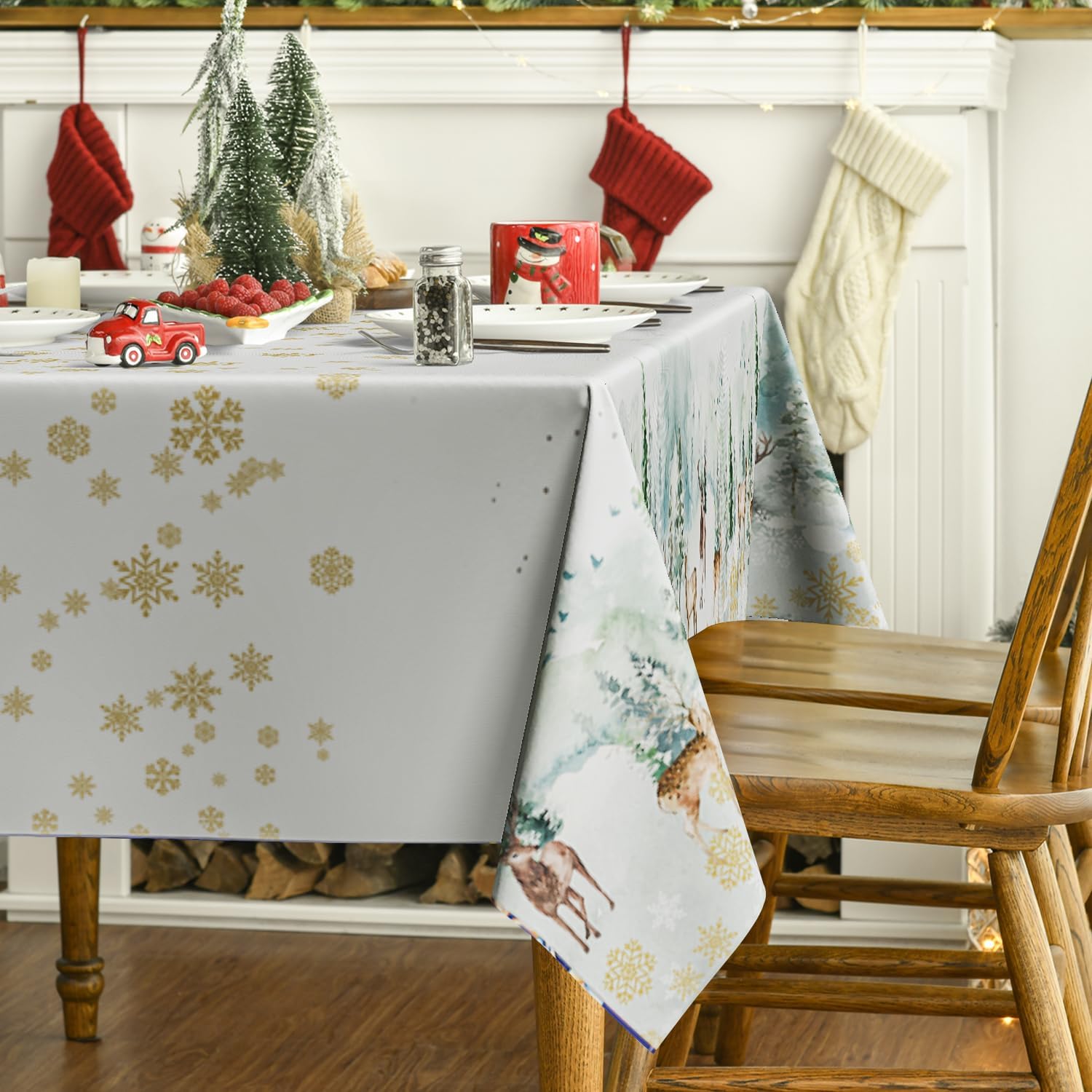 Horaldaily Mantel de Navidad de 60 x 120 pulgadas, diseño de ciervos nevados dorados, lavable, para decoración de fiestas, pícnic, cenas